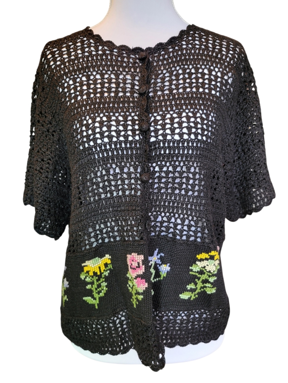 Vintage Teddi Rami Rayon Blend Black Crochet Knit Short Sleeve Cardigan